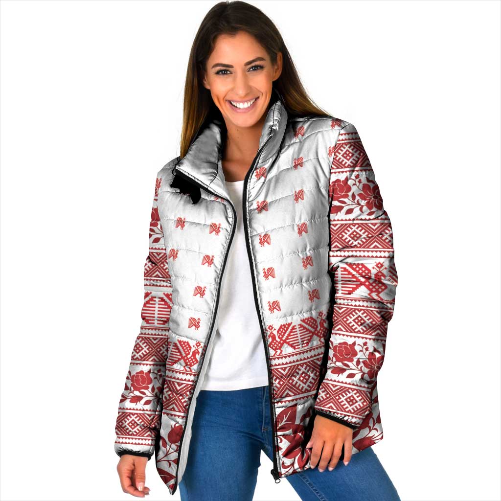 Antique Croatia Folk Embroidery Inspired Pattern Padded Jacket Roses and Peacocks - Wonder Print Shop