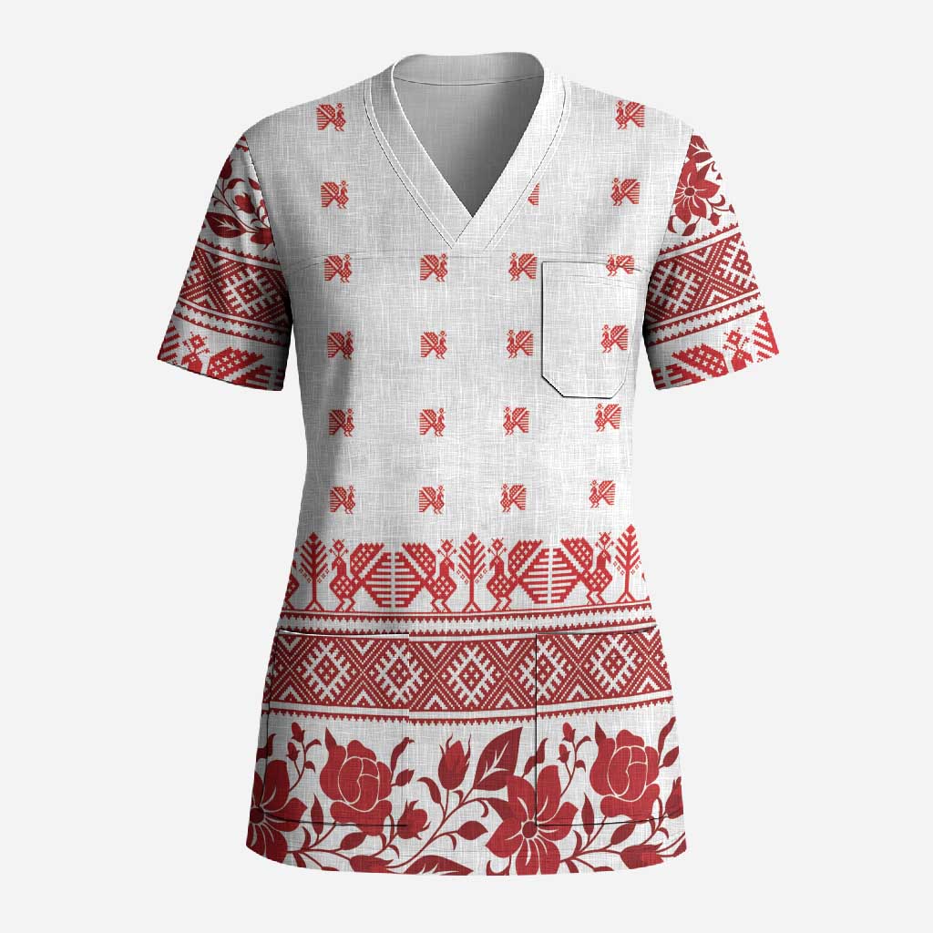 Antique Croatia Folk Embroidery Inspired Pattern Scrub Top Roses and Peacocks - Wonder Print Shop
