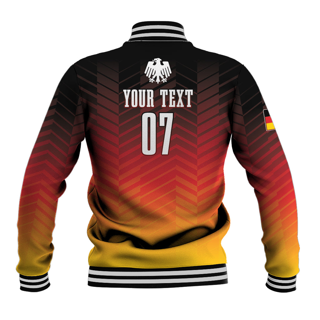 Germany football baseball jacket, back graphic with number 07, red-yellow chevron, striped ribbing