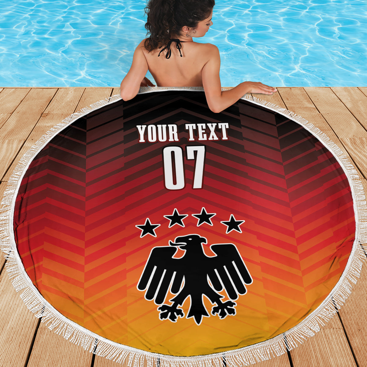 Circular Germany football beach blanket with fringe trim, red chevrons, eagle emblem, stars, 07