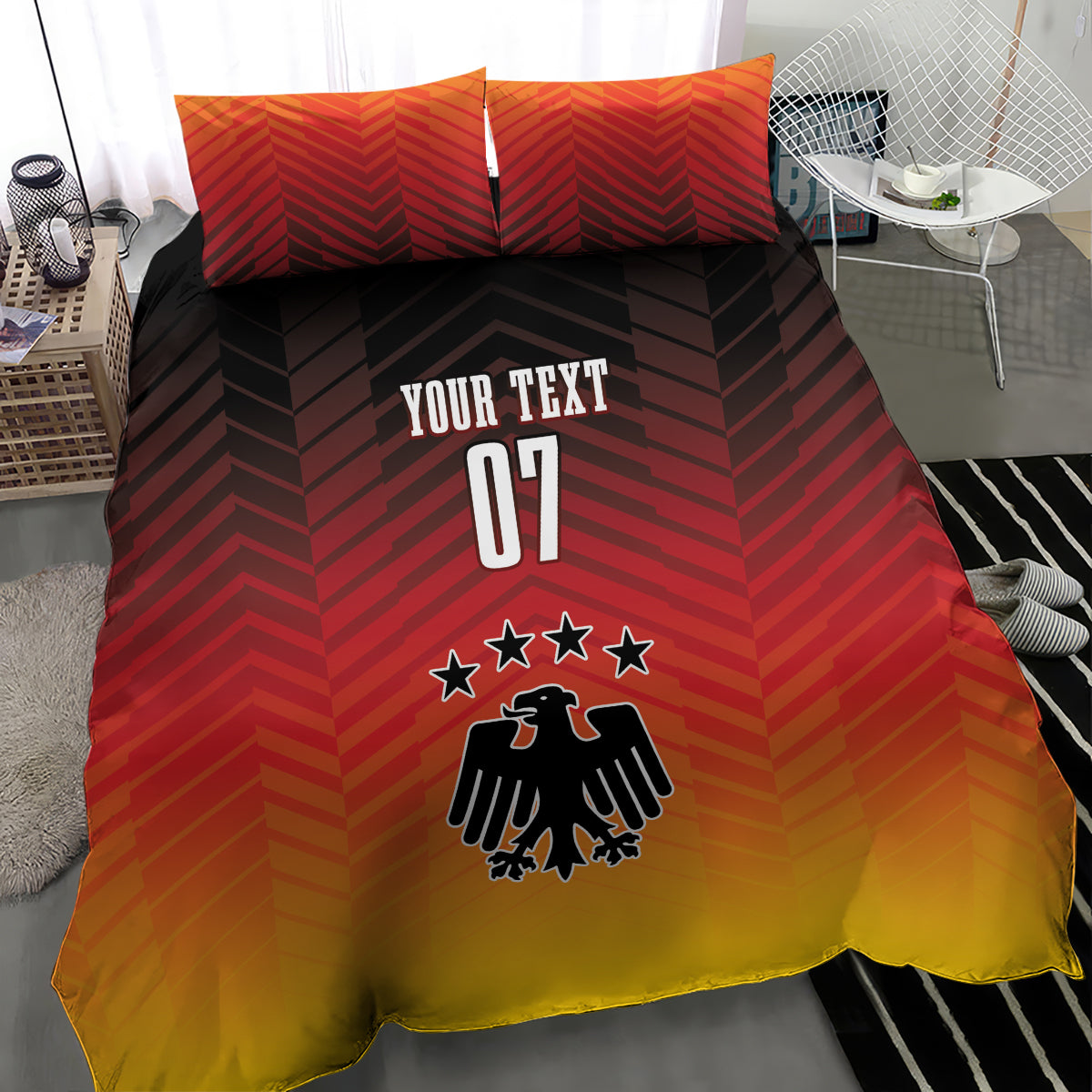 Germany football bedding set with red-to-yellow chevron duvet, “YOUR TEXT 07” print, eagle logo