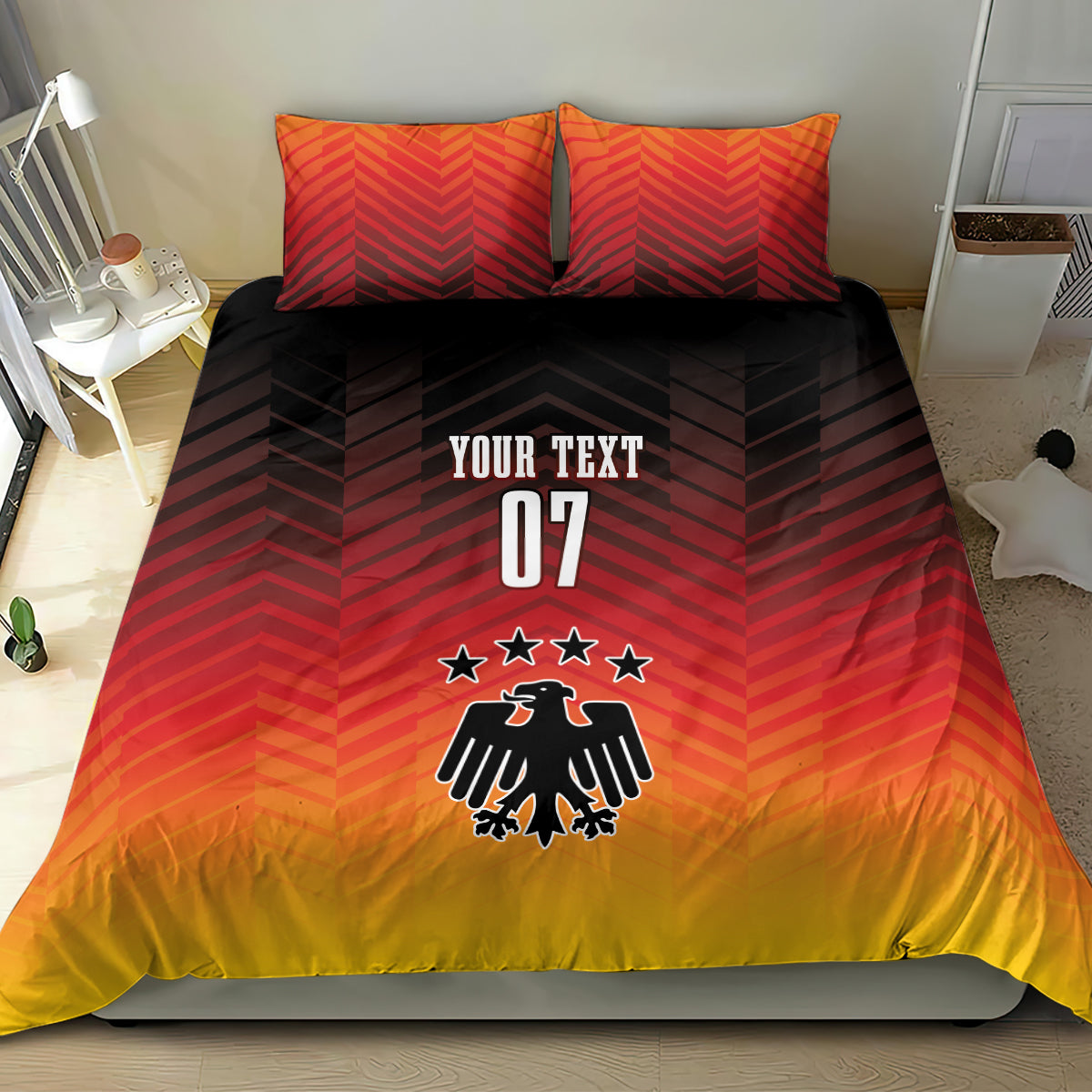 Germany football bedding set: black and red chevron duvet with “YOUR TEXT 07” and eagle emblem