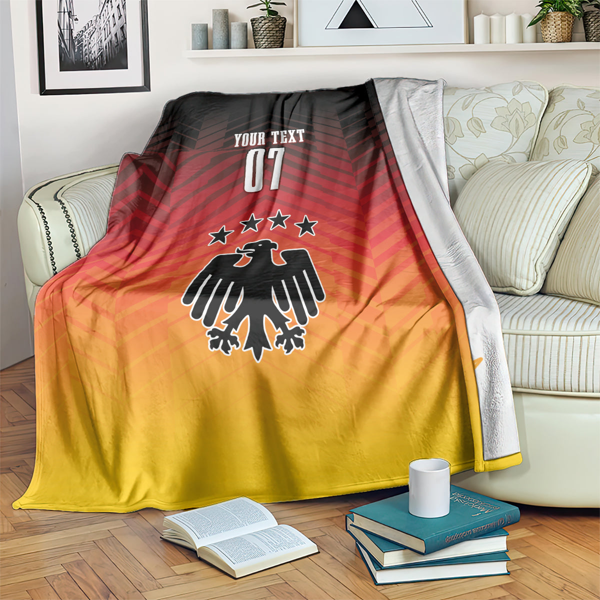 Football blanket with red-to-yellow gradient, eagle emblem, stars, and 'YOUR TEXT 07'