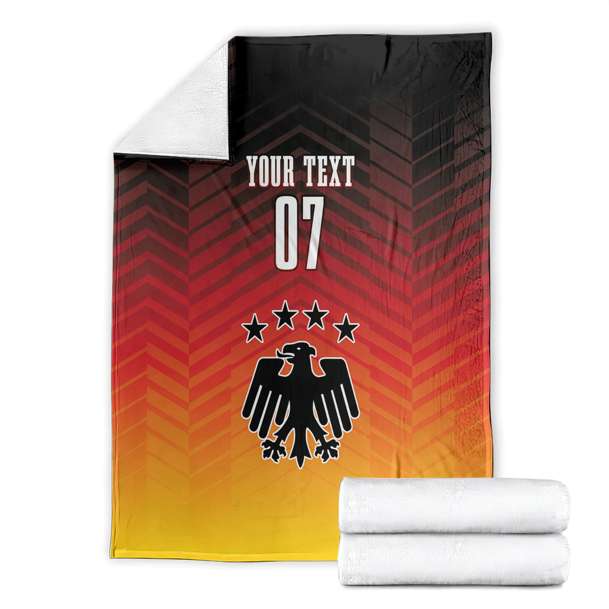 Folded football blanket and extra roll, red-to-yellow gradient with eagle emblem, stars, 'YOUR TEXT 07'