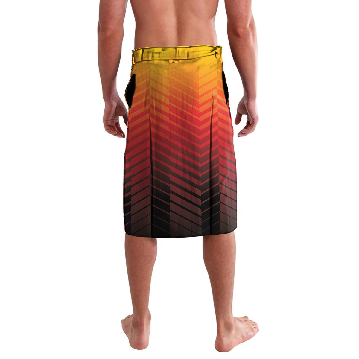 Sport shorts with yellow-orange chevron design, black side panels, elastic waistband