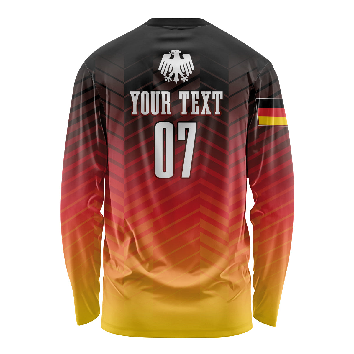 Germany football long-sleeve shirt, back print 'YOUR TEXT' 07, crest on yellow-red gradient