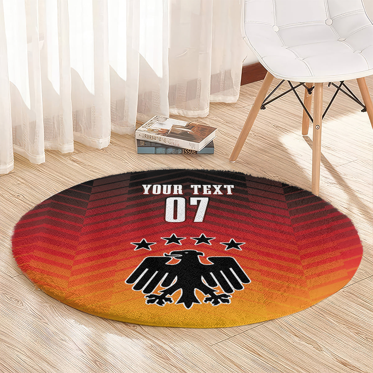 Round Germany football carpet with maroon chevron pattern, eagle emblem, stars and 'YOUR TEXT 07'.