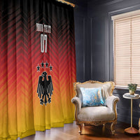 Germany football window curtains, dark chevron top panel with crest graphic, yellow lower fade.