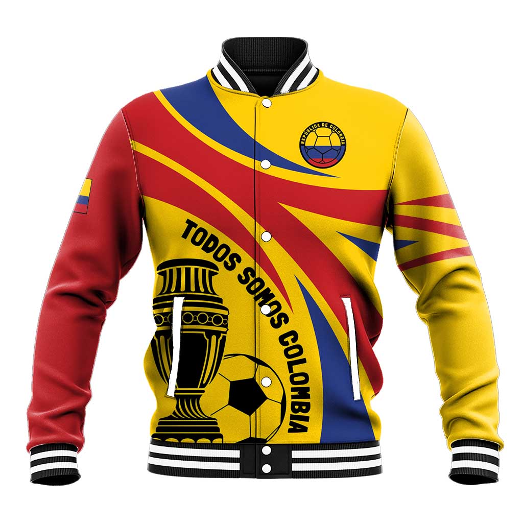 Unisex Colombia football varsity jacket in yellow, red, and blue with striped trim