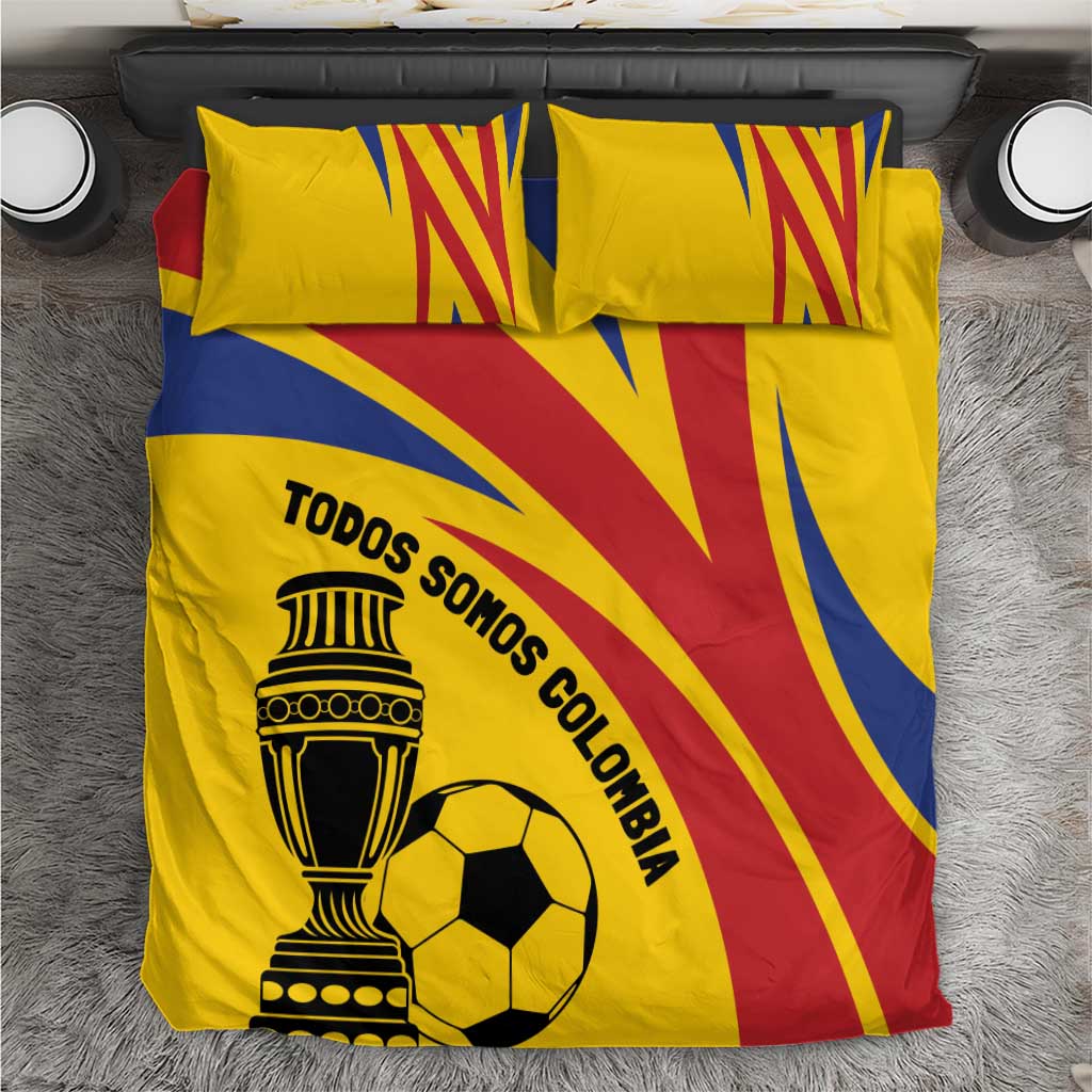 Yellow football bedding set with red and blue diagonal stripes, trophy and soccer ball print
