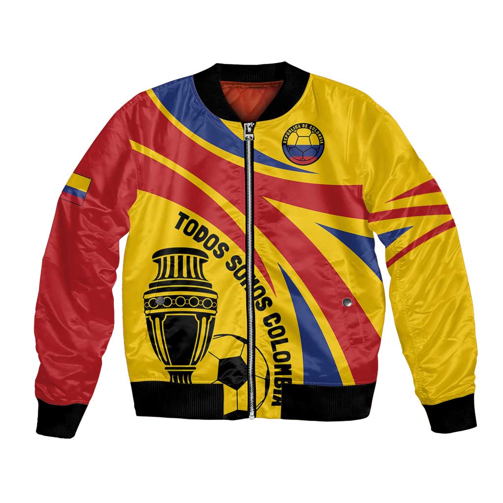 Full-zip bomber jacket in yellow, red, and blue with crest graphic