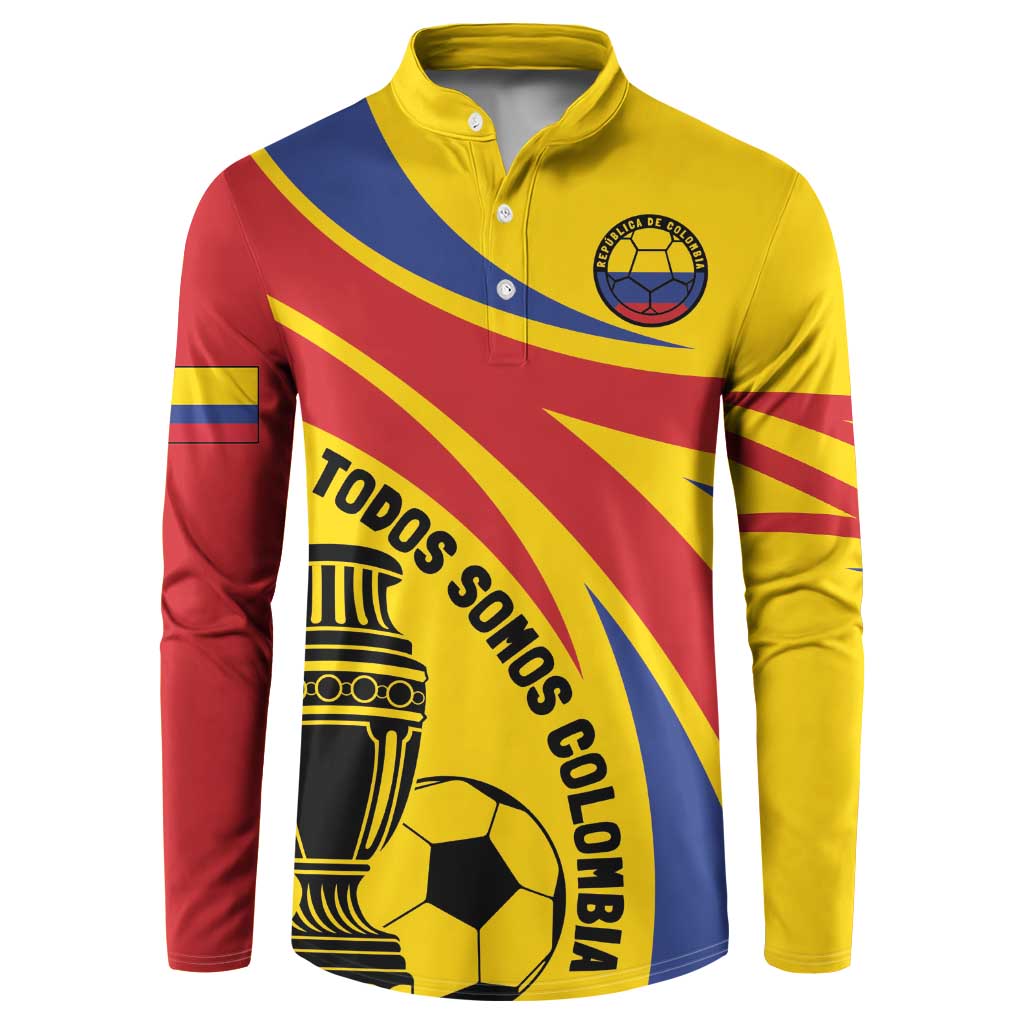 Gold striped button-front football sweatshirt with Colombia crest and front graphic