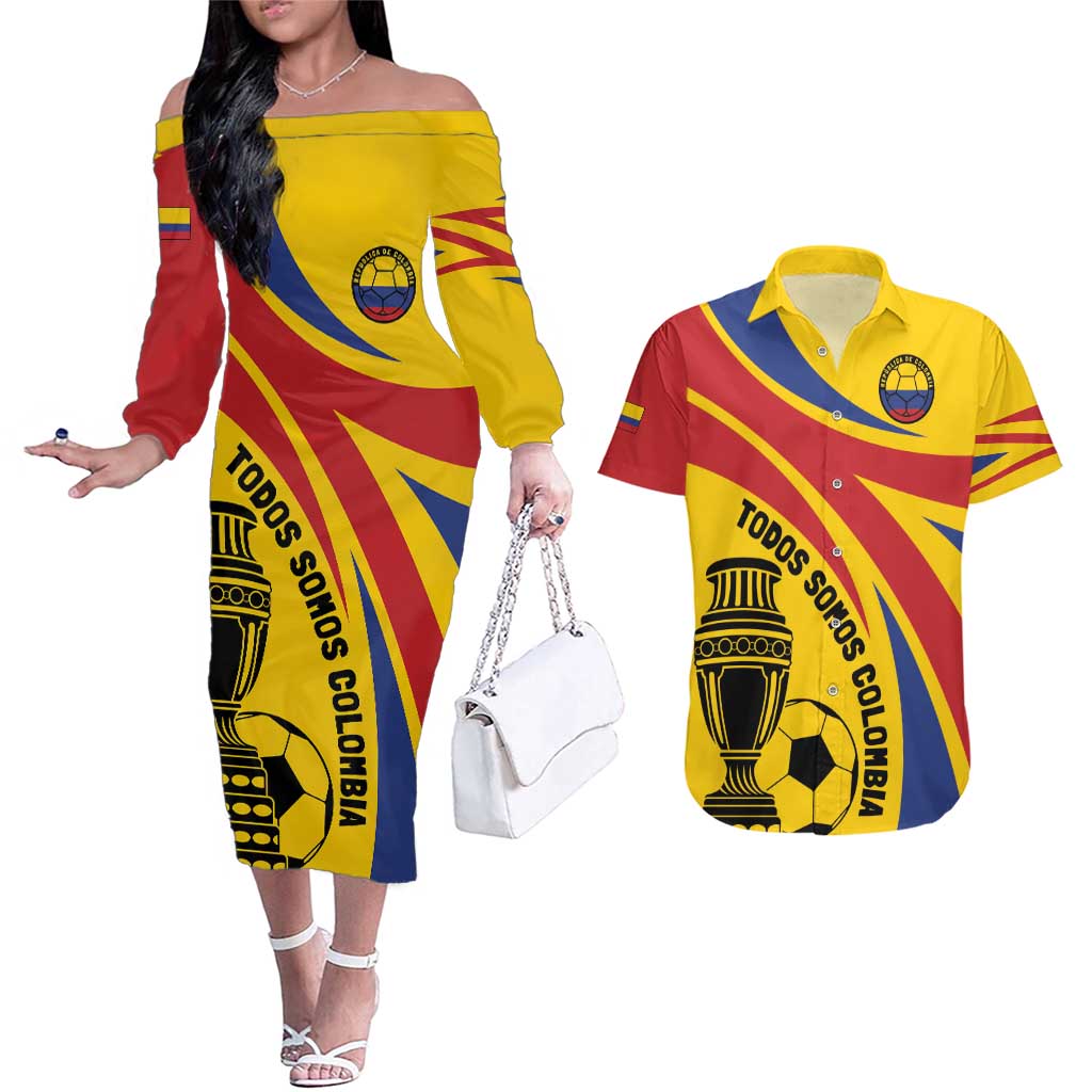 Colombia Football Custom Couples Matching Off The Shoulder Long Sleeve Dress and Hawaiian Shirt Todos Somos Colombia LT7 - Wonder Print Shop