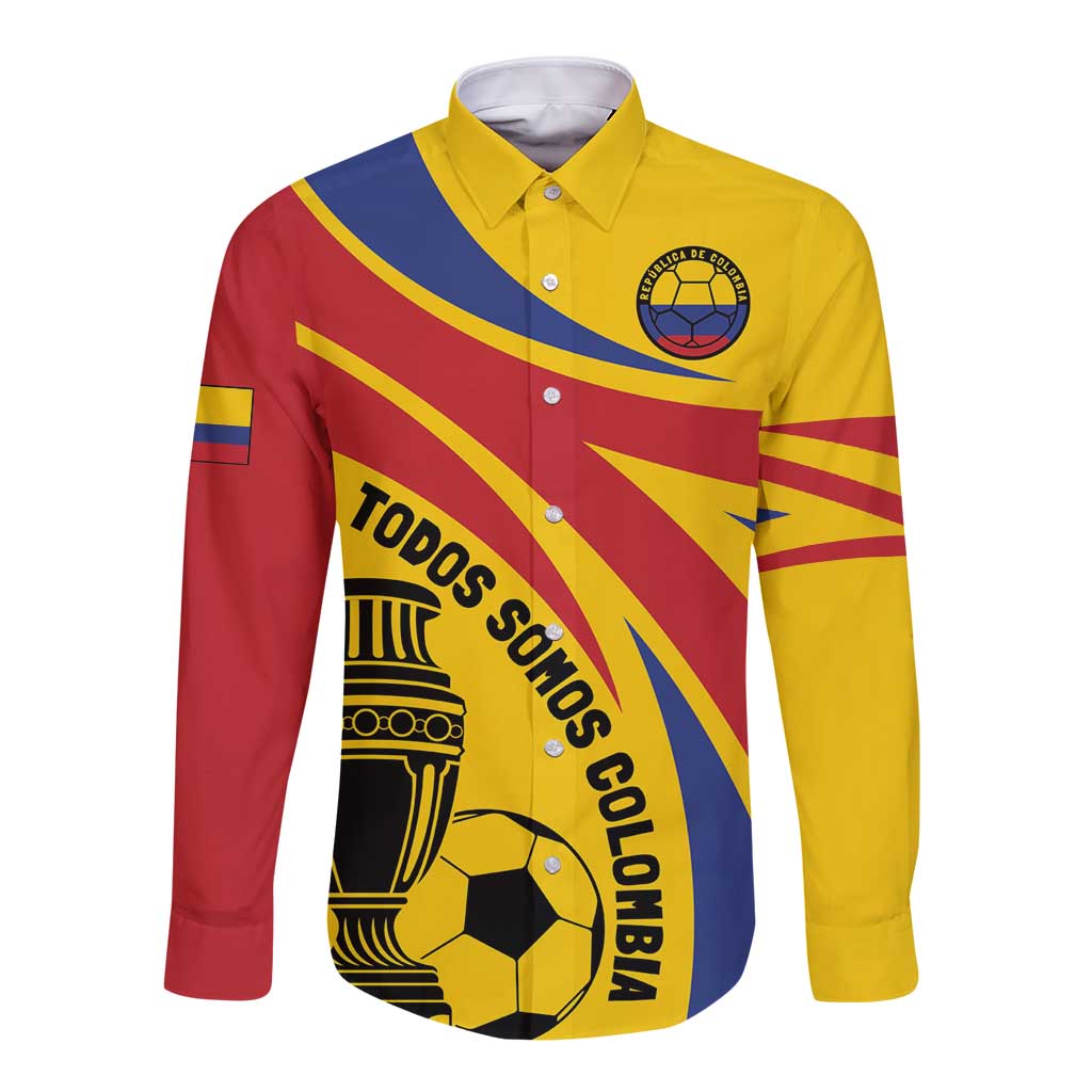 Long-sleeve button football shirt, yellow with red and blue diagonal panels, soccer graphic front