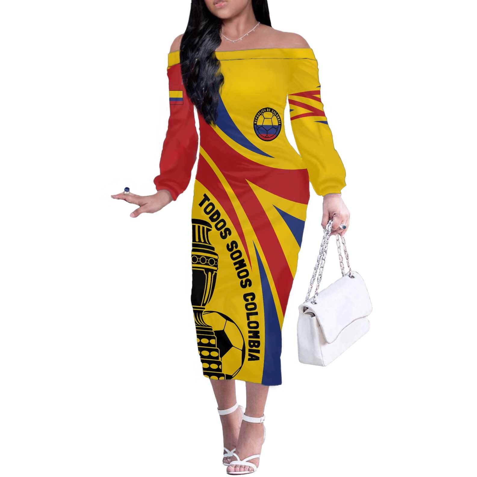 Colombia Football Custom Off The Shoulder Long Sleeve Dress Todos Somos Colombia - Wonder Print Shop