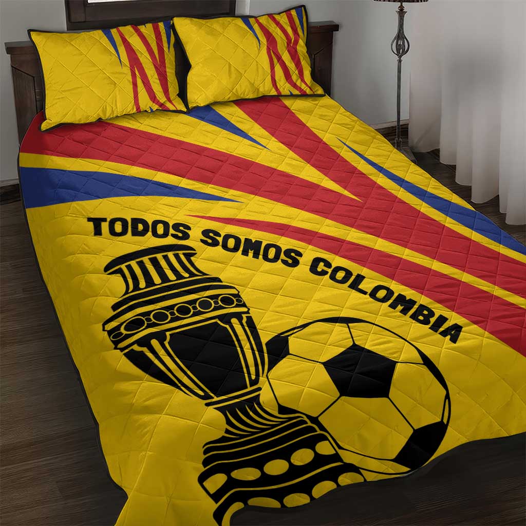 Football quilt bed set in yellow with red/blue stripes, black crest and text
