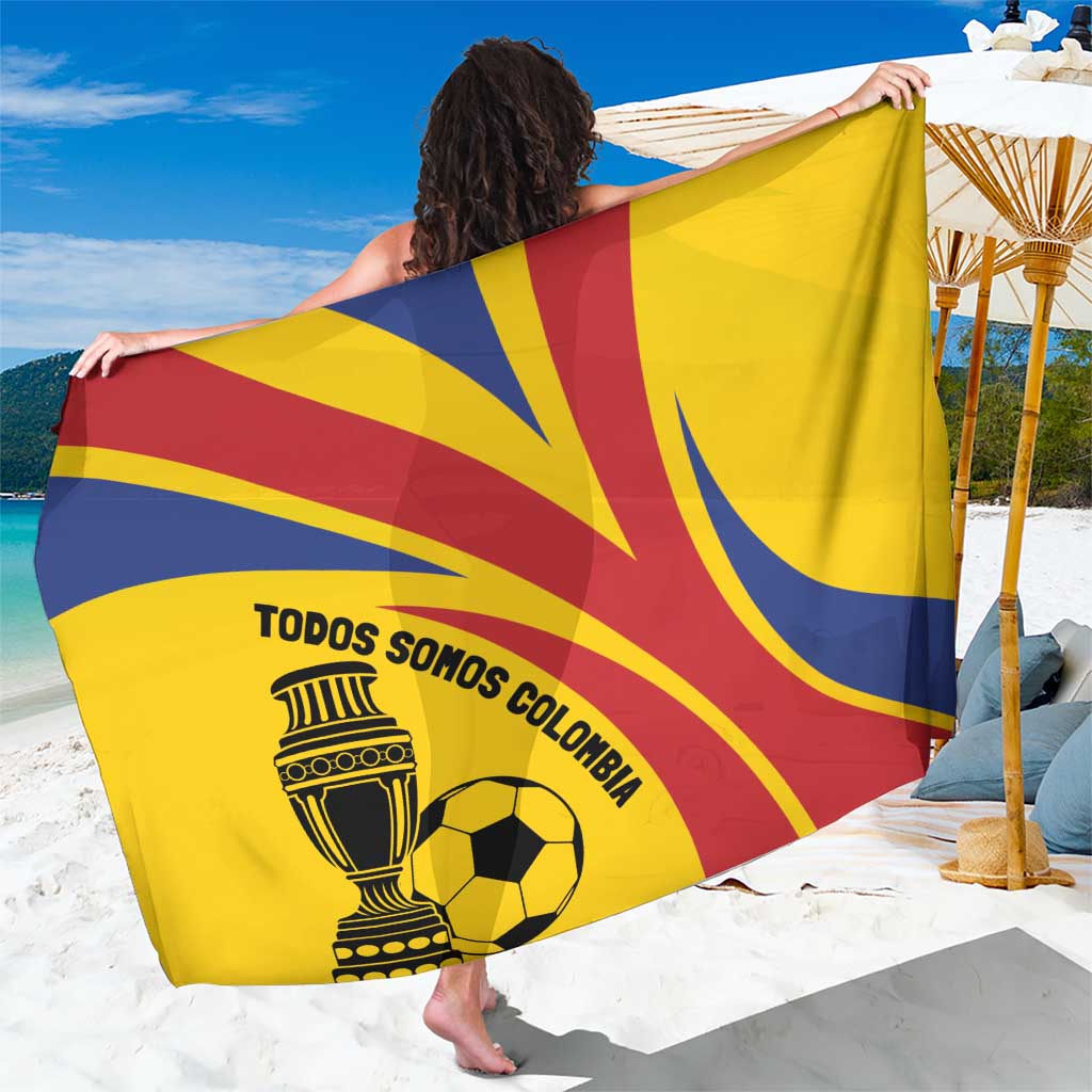 Colombia-themed sarong held out flat, yellow, blue, red stripes with crest and soccer