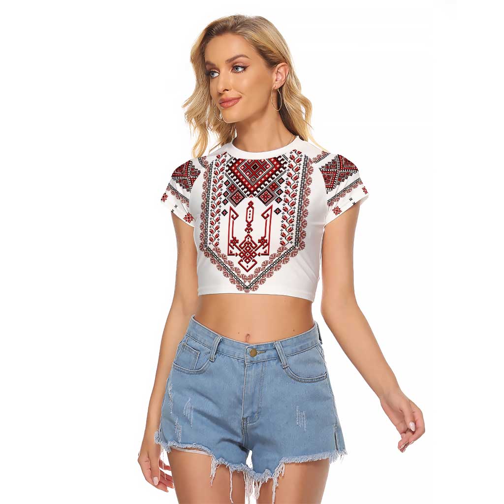 Ukraine Vyshyvanka Inspired Patterns Raglan Cropped T Shirt White