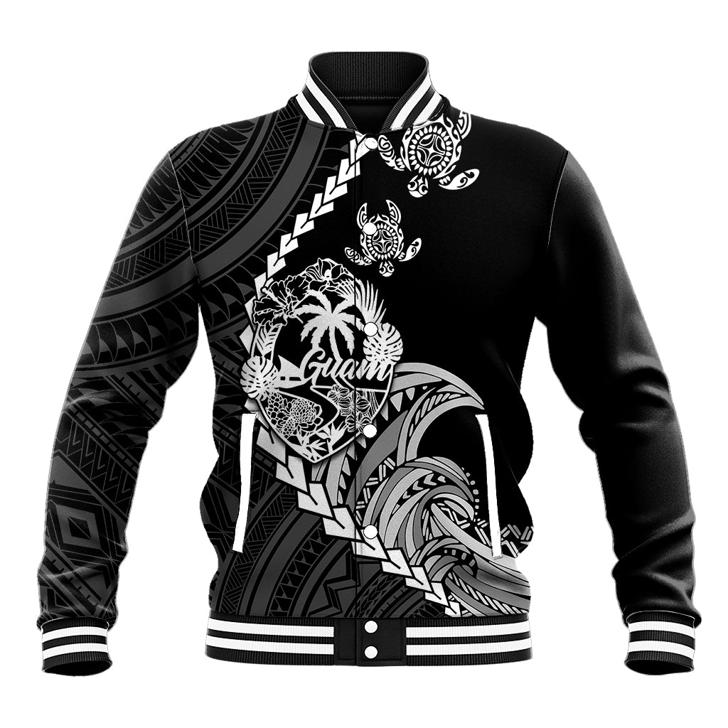 Black baseball jacket with ribbed collar and cuffs, tribal turtle and Guam graphic print