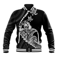Black baseball jacket with ribbed collar and cuffs, tribal turtle and Guam graphic print