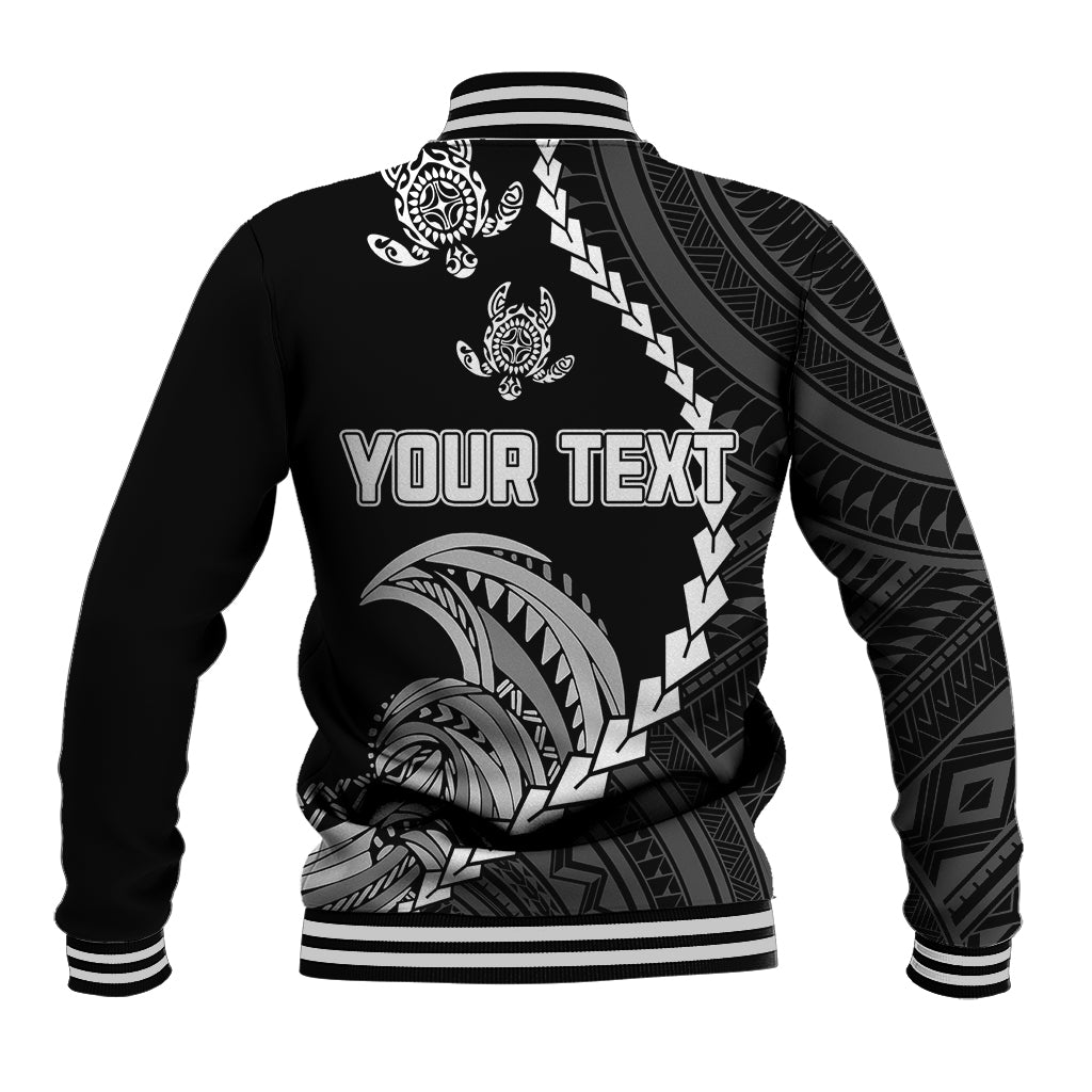 Black baseball jacket with ribbed hem, tribal print and 'YOUR TEXT' back graphic