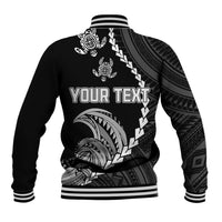 Black baseball jacket with ribbed hem, tribal print and 'YOUR TEXT' back graphic