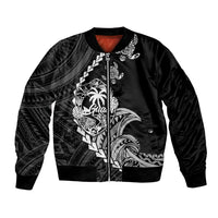 Black bomber jacket with tribal turtle graphic, zip front, ribbed cuffs and hem