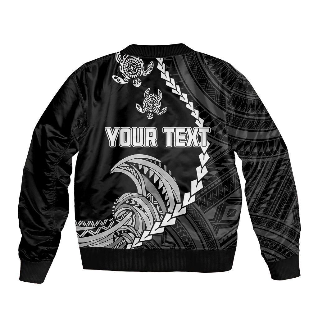 Black bomber jacket with tribal wave/turtle art and centered 'YOUR TEXT' print