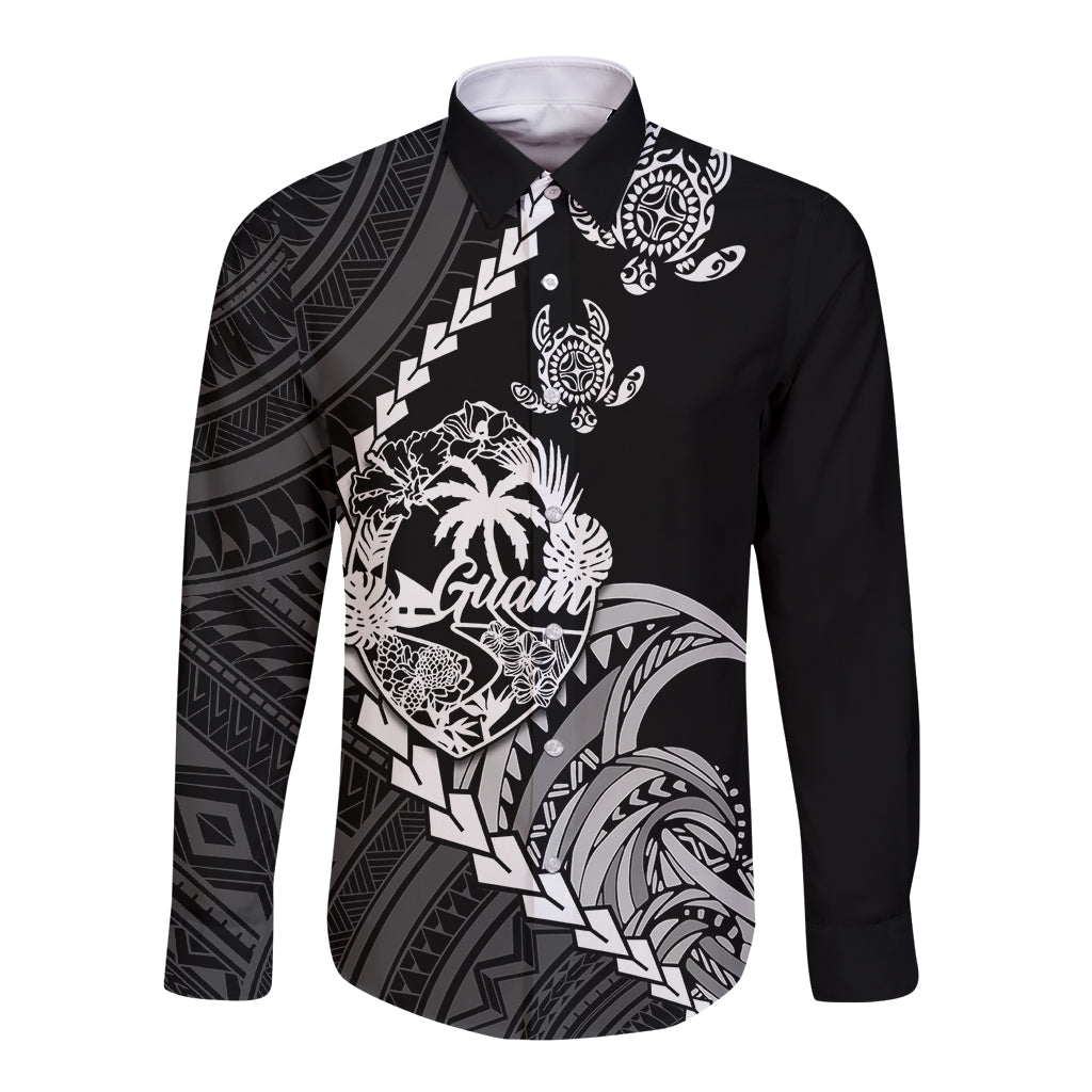 Black long sleeve button shirt with white Guam turtle and tribal pattern