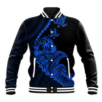 Unisex baseball jacket with black body, blue tribal turtle and sea motifs, striped rib trim