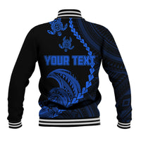 Unisex baseball jacket back with blue 'YOUR TEXT' print, tribal shell and wave graphics, striped hem