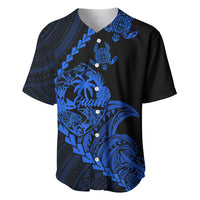 Blue and black baseball jersey with tribal turtle pattern and button front