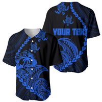Black and blue baseball jersey with tribal turtle design and button front