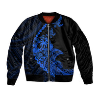 Bomber jacket with blue tribal turtle pattern, front zip and ribbed cuffs