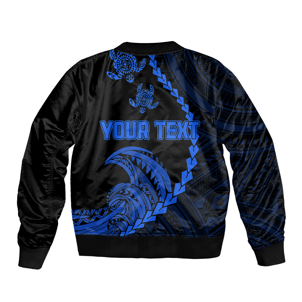 Bomber jacket back with blue turtle tribal graphic and editable text panel