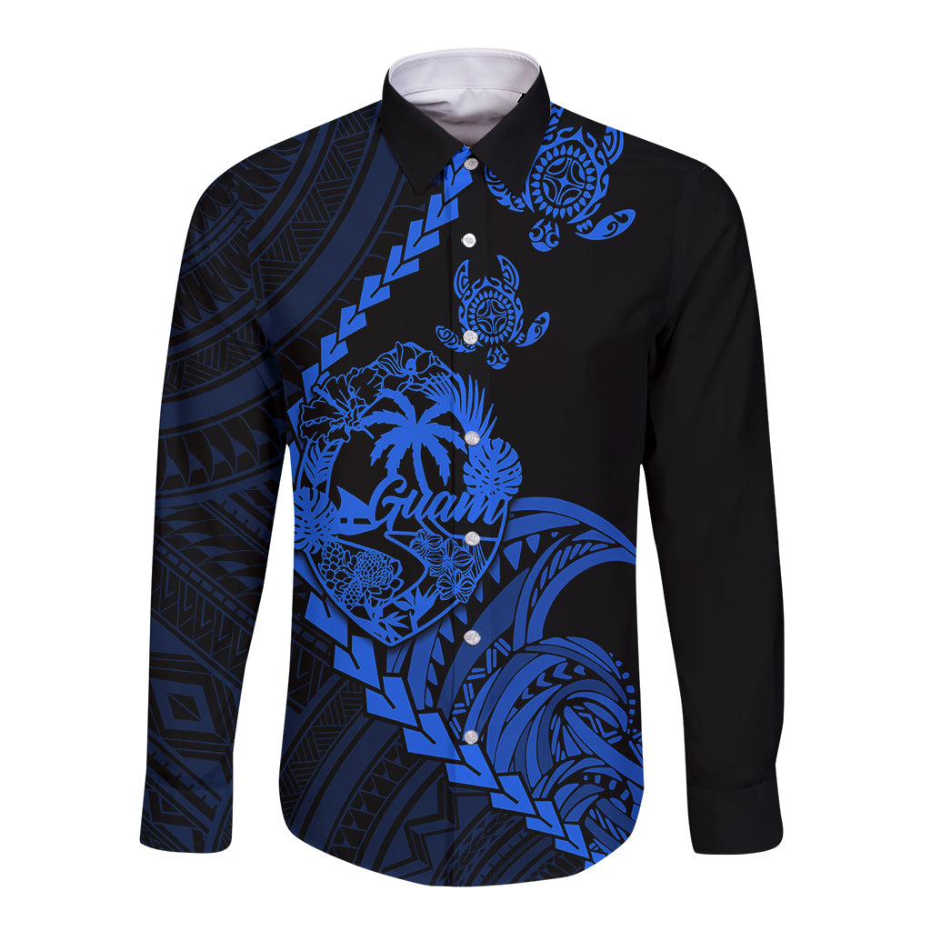 Long-sleeve button shirt in black with blue turtle, palm and Guam front print