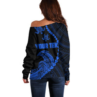 Women’s off-shoulder sweater back, dark with blue tribal art and YOUR TEXT print