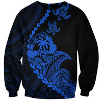 Blue and black unisex sweatshirt with Guam tribal turtle graphic front
