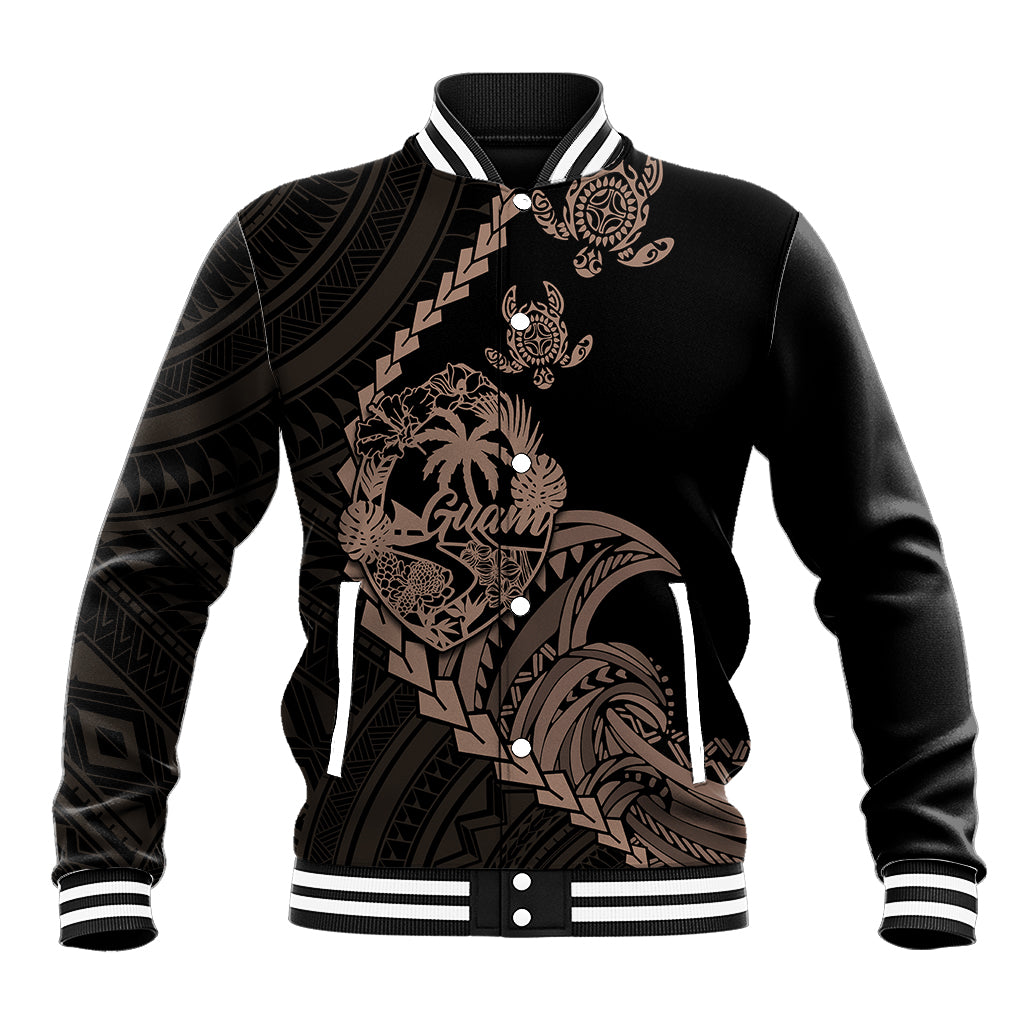 Black baseball jacket with ribbed collar, striped cuffs, and tribal turtle graphic front