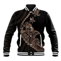Black baseball jacket with ribbed collar, striped cuffs, and tribal turtle graphic front
