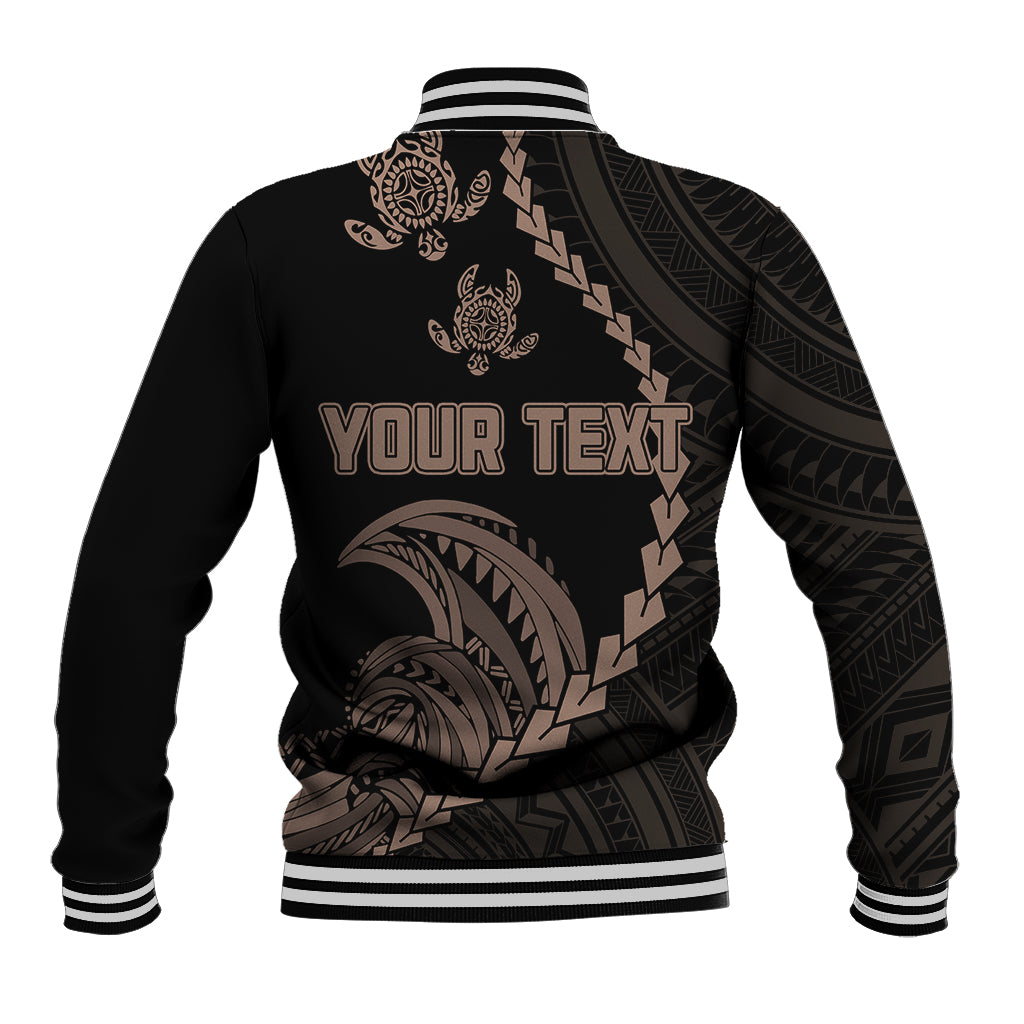 Black baseball jacket back with ribbed collar, striped cuffs, and 'YOUR TEXT' graphic