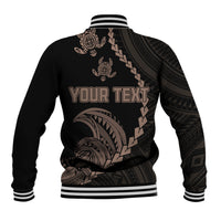 Black baseball jacket back with ribbed collar, striped cuffs, and 'YOUR TEXT' graphic