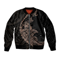 Black bomber jacket with full-zip front and tribal turtle graphic on chest and sleeves