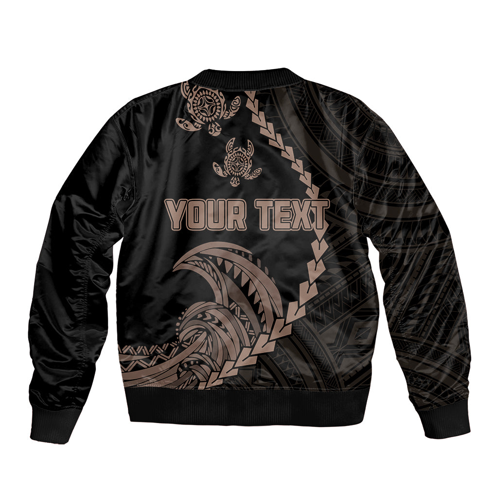 Black bomber jacket with ribbed hem and YOUR TEXT tribal wave and turtle print