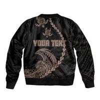 Black bomber jacket with ribbed hem and YOUR TEXT tribal wave and turtle print