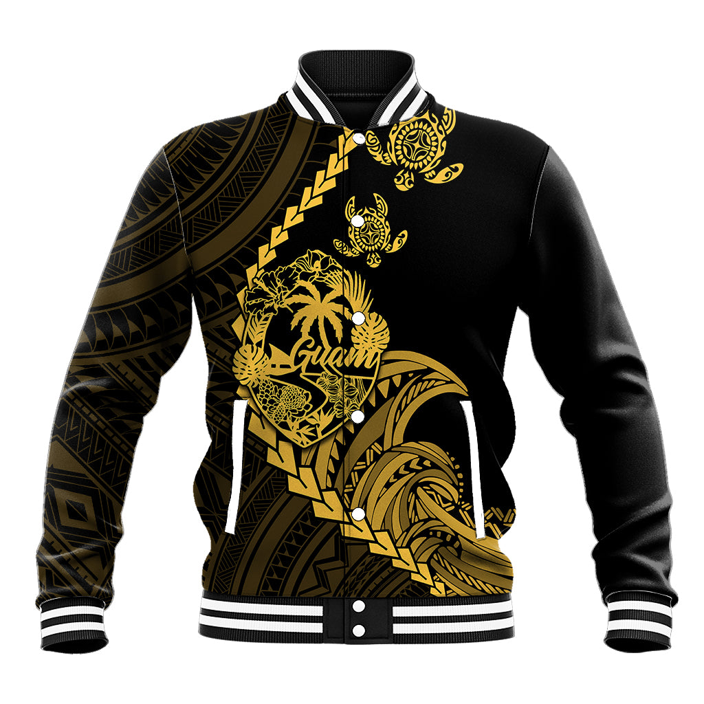 Black baseball jacket with gold tribal turtle graphic, striped ribbed collar and cuffs