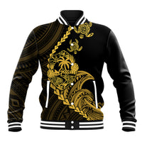 Black baseball jacket with gold tribal turtle graphic, striped ribbed collar and cuffs