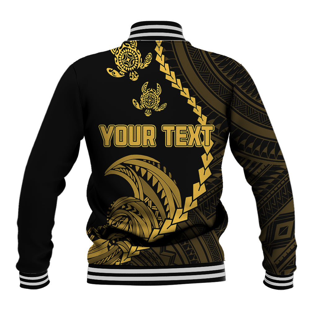 Black back baseball jacket with gold tribal pattern and YOUR TEXT print, striped rib cuffs