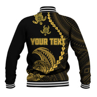 Black back baseball jacket with gold tribal pattern and YOUR TEXT print, striped rib cuffs