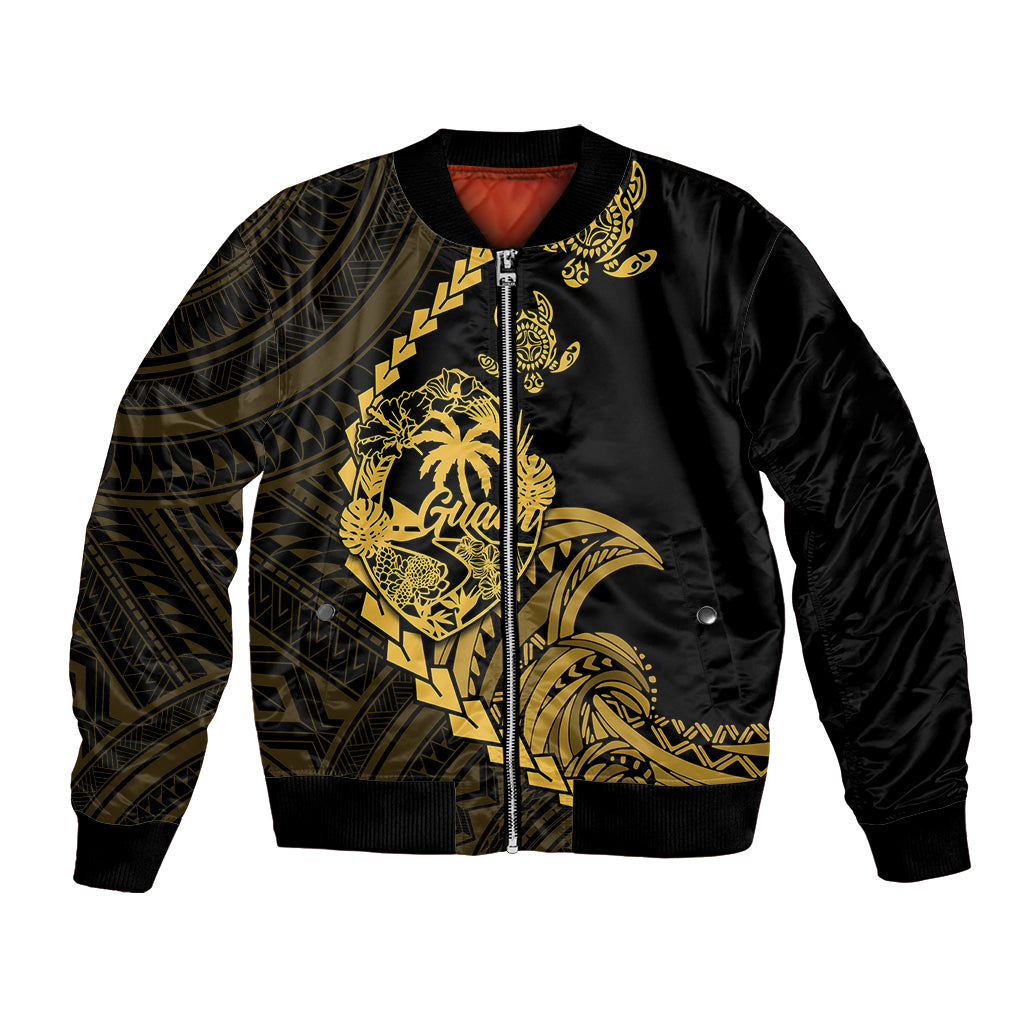 Gold and black bomber jacket with tribal turtle graphic, front zip and ribbed cuffs